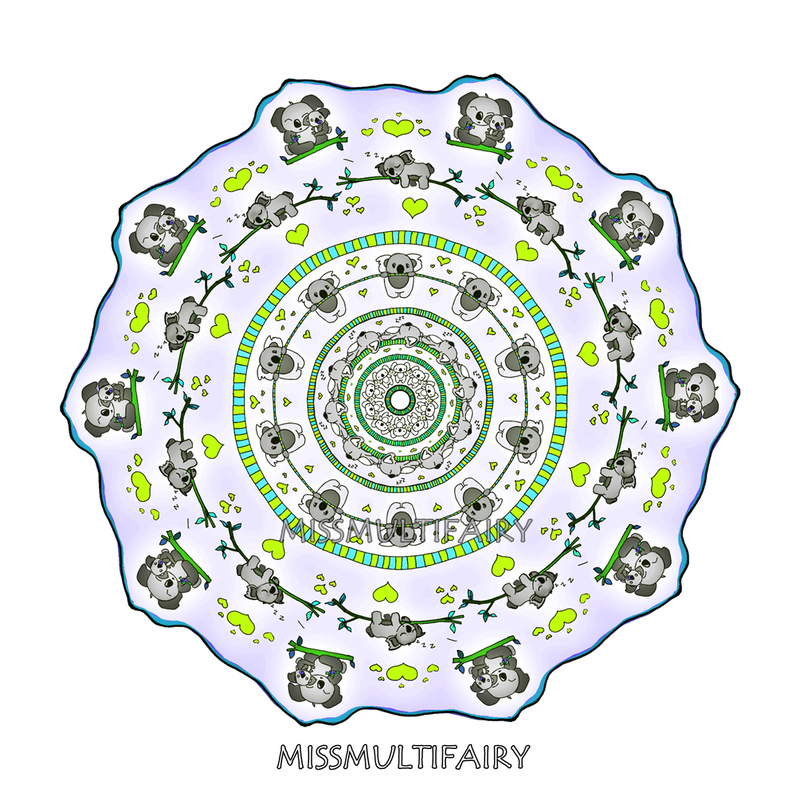 A HAND DRAWN MANDALA IN THE STYLE OF A CUTE CARTOON ANIMAL KOALA GREYS AND ICE BLUES WITH A ZEST OF LIME